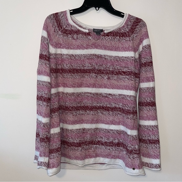 Eddie Bauer Striped Pink and White Notch Neck Rolled Hem Sweater Size Large - Picture 1 of 6